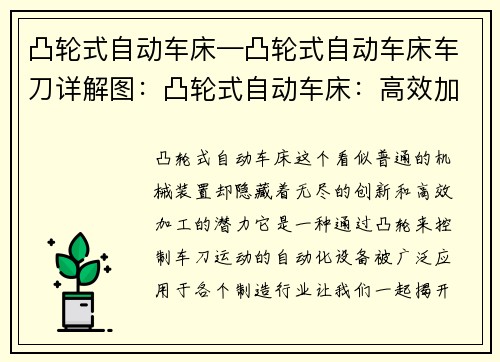 凸轮式自动车床—凸轮式自动车床车刀详解图：凸轮式自动车床：高效加工的利器